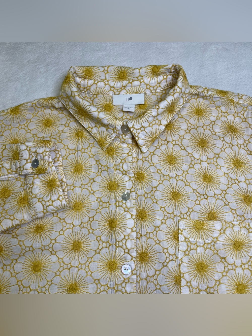 J. Jill Womens Medium Yellow Floral Sunburst Embroidered Cotton Button Down Top